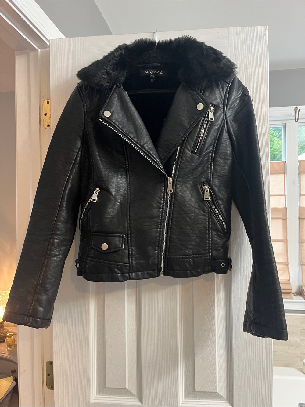 Women's Black Faux Leather Moto Jacket with Detachable Faux Fur Collar